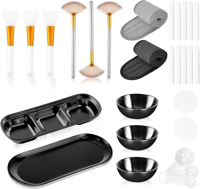 28 Black Facial Supplies 3 Facial Mask Mixing Bowls 3 Facial Fan Brushes 3 Mask Applicator Brushes 3 Mask Measuring Spoons Skincare Tray 3-Compartment Serving Tray 12 Facial Sponges 2 Spa Headbands
