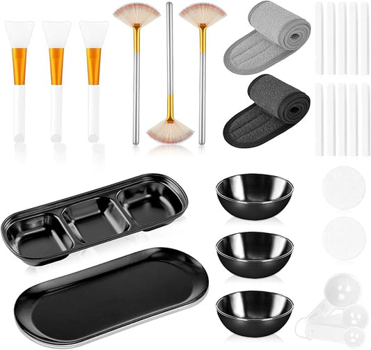 28 Black Facial Supplies 3 Facial Mask Mixing Bowls 3 Facial Fan Brushes 3 Mask Applicator Brushes 3 Mask Measuring Spoons Skincare Tray 3-Compartment Serving Tray 12 Facial Sponges 2 Spa Headbands