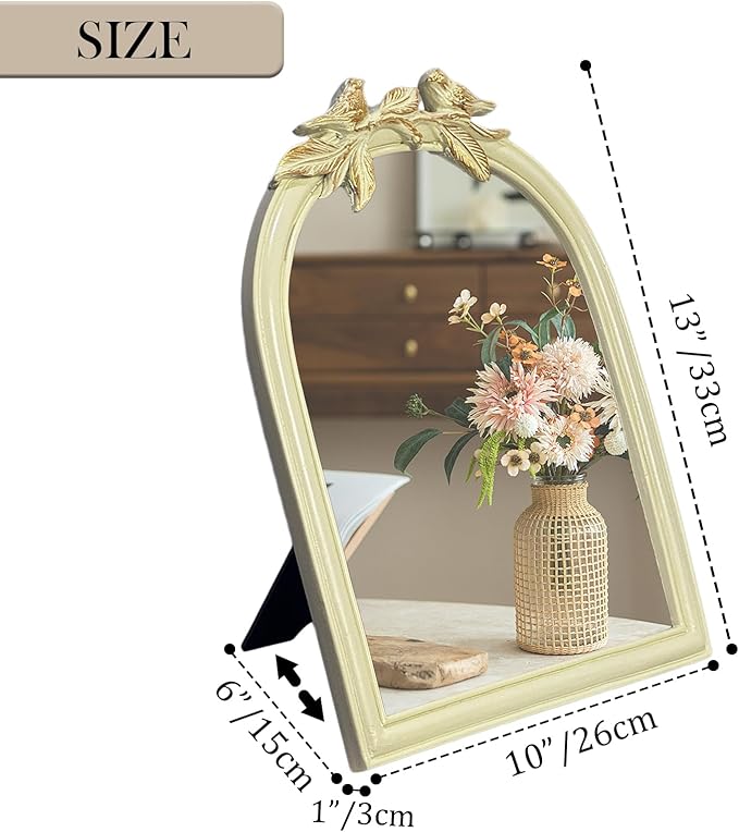 Cream Bird Bow Mirror - 13x10 Inch Perfect Elegant Decorative Accent, Wall-Mounted Tabletop Makeup Mirror for Nursery Baby Room Bedroom Decor