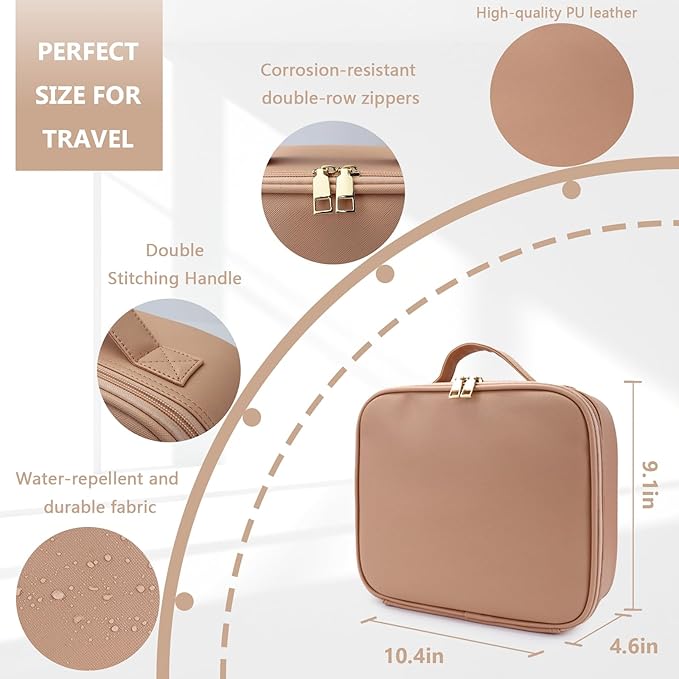 Travel Makeup Bag for Women and Makeup Artists Cosmetic Organizer Large Makeup Case,Travel Makeup Bag with Mirror 3 Color Setting,Portable Storage and Adjustable Dividers(khaki)