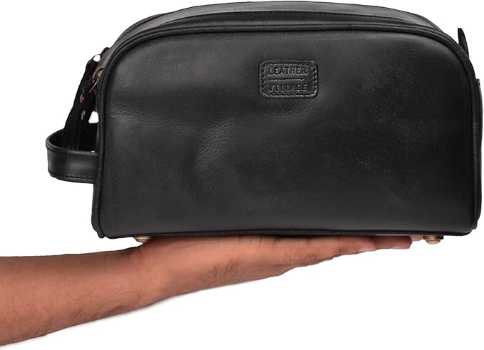 LEATHER VILLAGE Genuine Leather Toiletry Travel Pouch With Waterproof Lining - Black | King-Size Handcrafted Vintage Dopp Kit Bag, Shaving & Bathroom Organizer, Gift for Men & Women