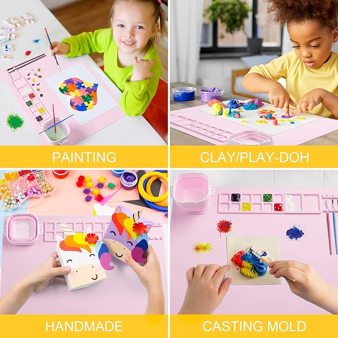 Silicone Painting Mat, Art Mat with Cup, Craft Paint Brush Cleaner Tool, Artist for Kids Gift Clay DIY Creations, Gift Packaged (Pink)