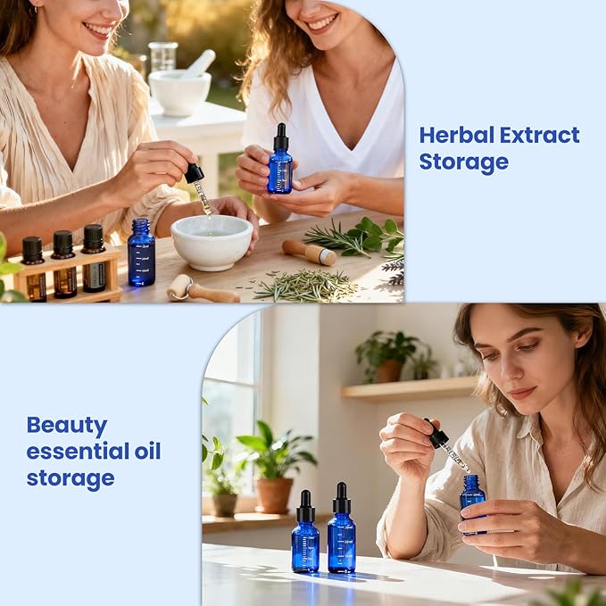 50 Pcs 1/2oz Blue Glass Dropper Bottles with Measurement, 30ml Leakproof Tincture Bottles with Funnels, Eye Droppers, Extra Caps & Labels, Refillable Empty Bottles for Tinctures, Essential Oils