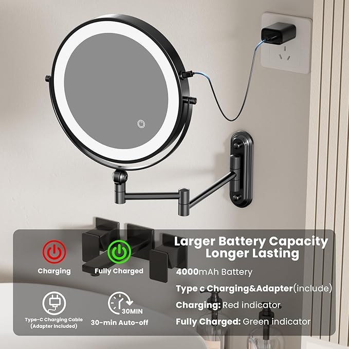 Rocollos Rechargeable Wall Mounted Lighted Makeup Mirror, 8 Inch Double-Sided LED Vanity Mirror 1X/10X Magnification,3 Color Lights Touch Screen Dimmable (Black-30X)