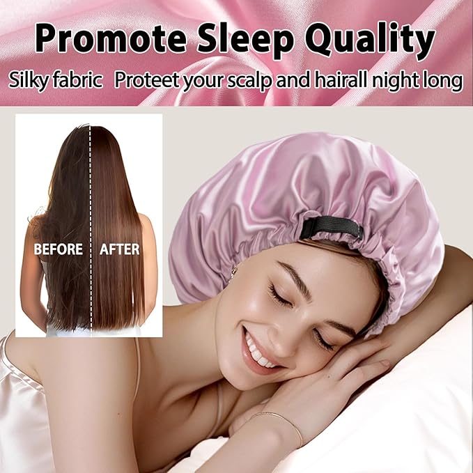 2 Pack Silk Bonnet for Sleeping Women Adjustable Double Layer Satin Bonnet Reduce Friction Prevent Frizz Natural Curly Hair (Brown & Pink)