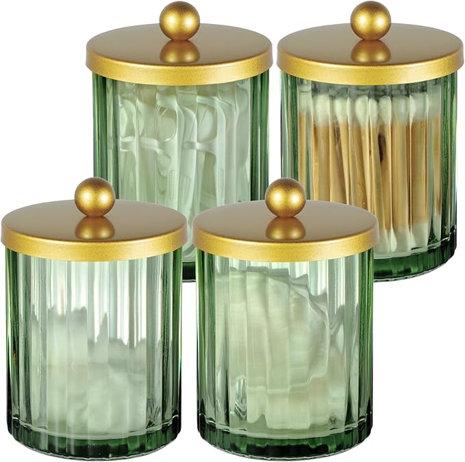 Amolliar Sage Green Glass Qtip Holder Dispenser, Bathroom Canister Apothecary Jar for Cotton Swabs, Cotton Balls, Round Pads, Floss Picks, Countertop Storage Organizer Container for Vanity,Gold 4 Pack