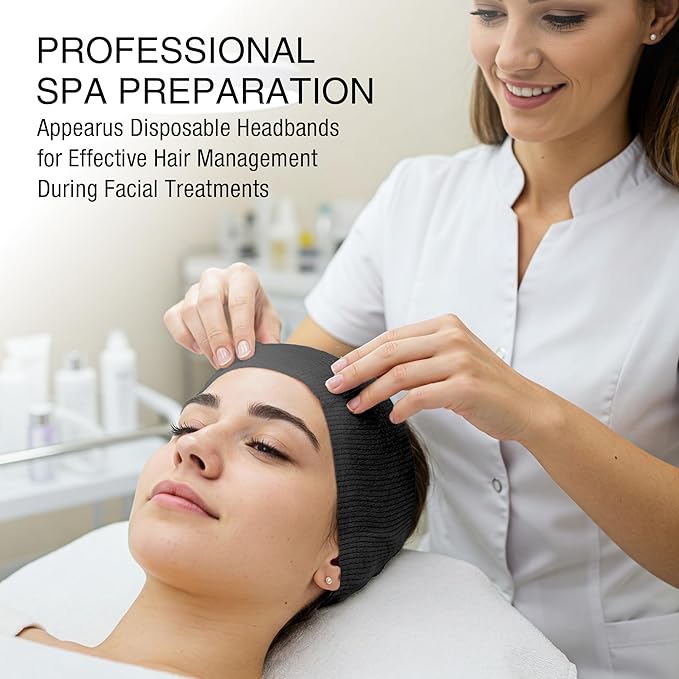 APPEARUS Disposable Spa Facial Headbands (100 Pack) – Individually Wrapped, Stretchable Non-Woven Hair Wraps with Single Snap Tab for Estheticians, Makeup, and Skincare