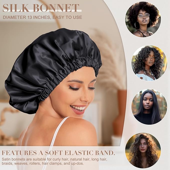 Satin Bonnet Silk Bonnet Hair Bonnet for Sleeping-Slouchy Beanie Hat Satin Sleep Cap for Women's Natural & Curly Hair(Black)
