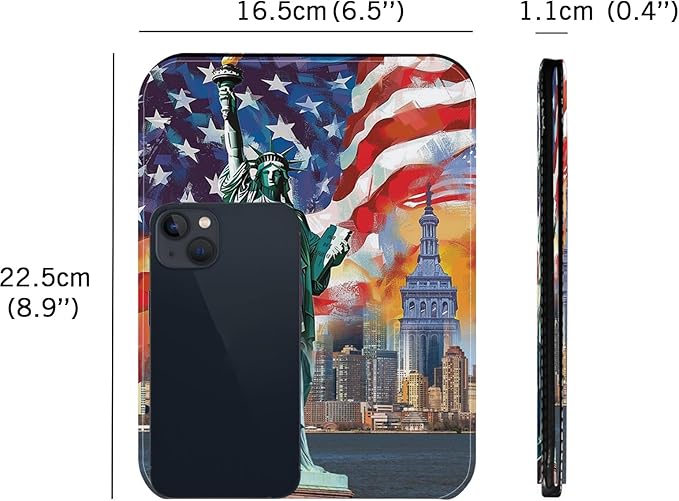 Travel Folding Portable Mirror, Makeup Mirror PU Portable Adjustable Rectangular Ultrathin Vanity Mirror with Stand, for Travel, Camping, Home, Gifts (Statue of Liberty Design)
