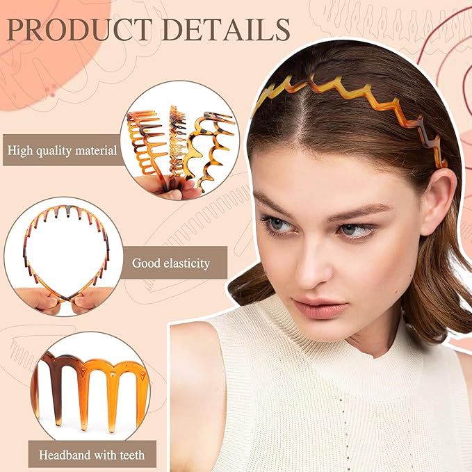 12Pcs Zigzag Headbands with Teeth for Women's Hair Non Slip, Plastic Wavy Skinny Head Bands Comb Fashion Hair Accessories–6 Styles & 2 Colors, Versatile Use