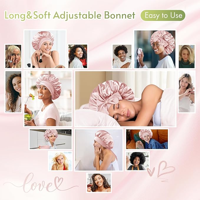 BONNET QUEEN Silk Bonnet for Sleeping Women Satin Bonnet Night Sleep Cap Wrap for Curly Hair with Adjustable Tie Band, Cream Pink