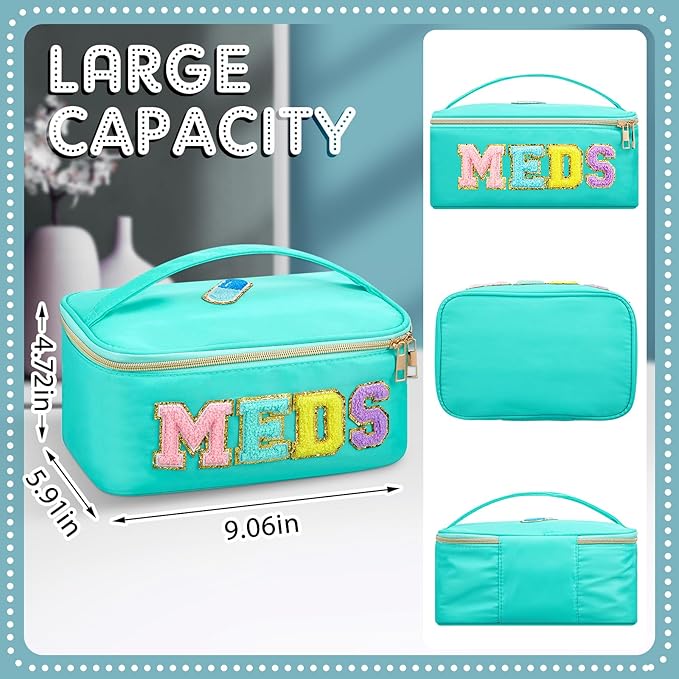 Geetery Clear Makeup Bag Chenille Letter Meds Bag Travel Cases Preppy Patch with Zipper, Portable Cosmetic Toiletry Storage case for Women(Meds,Green)