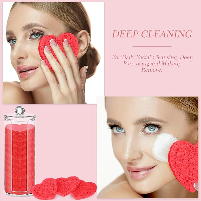 Sieral 120 Pcs Compressed Facial Sponges with Container Disposable Face Sponge Pads for Washing Face Cleansing Exfoliating Esthetician Makeup Removal(Heart,Red)