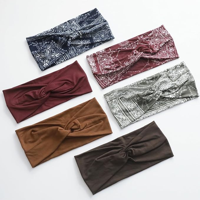 Artilady 6 Pack Boho Headbands for Women - Wide Bandana Headband Non Slip Stretchy Cheetah Paisley Print Turban Headwarp Twisted for Girls