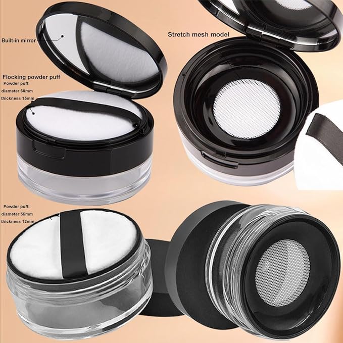 1 Pcs 20g(0.7 oz) And 1 Pcs 10g(0.33 oz) No Leaks Empty Reusable Plastic Loose Powder Container,Sponge Powder Puff,Elasticated Net Sifter,DIY Foundation Makeup Tool (2 Cases)