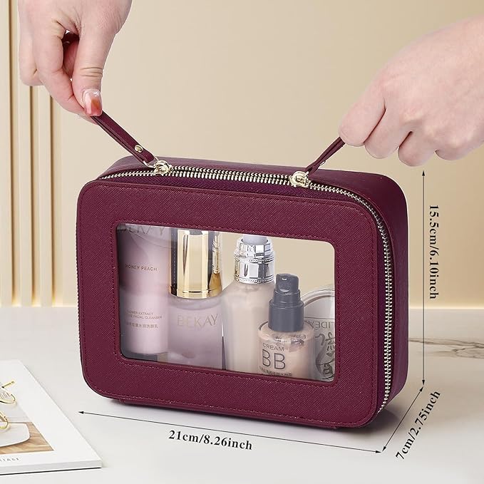 Clear Makeup Bag Women's Waterproof Travel Cosmetic Case and Toiletry Bag Portable Makeup Organizer Bag for Car with Zipper (Burgundy, M)