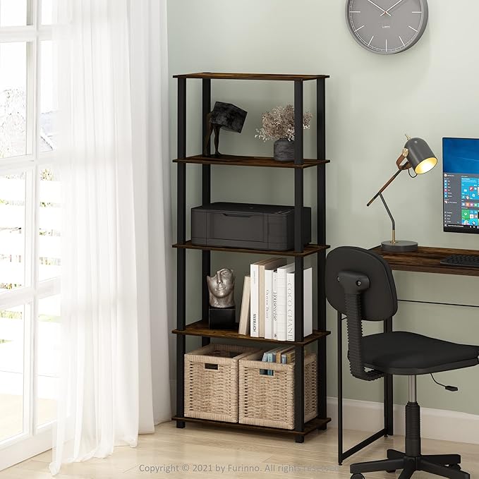 Furinno Turn-N-Tube 5-Tier Multipurpose Shelf / Display Rack / Storage Shelf / Bookshelf, Square Tubes, Black/Grey