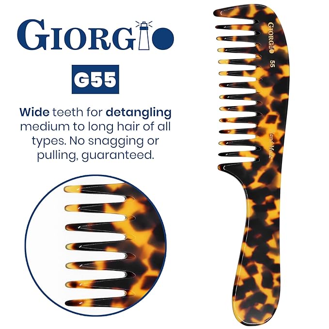 Giorgio G55 Wide Tooth Detangling Comb for Wet Hair, Hair Comb for Thin to Medium Thickness Hair, Combs for Women and Men, Handmade Large Tooth Rake Comb Saw-Cut and Hand Polished