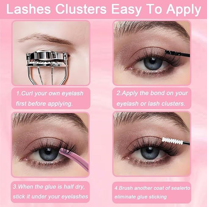 Lash Clusters Kit, 640 Pcs Eyelashes Clusters Extensions Kit 9-16mm Individual Lashes D Curl Fluffy Wispy False Eyelashes Thin Band, with Bond Seal Remover Tweezers Brush DIY (50D+60D Kit 9-16mm)