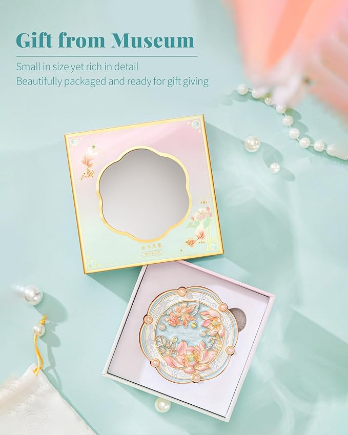 Lotus Bloom Compact Mirror, Small 2X Magnifying Makeup Mirror for Purse Pocket, Mini Portable Folding Blue Mirror, Chinese Style Gift for Women Girls