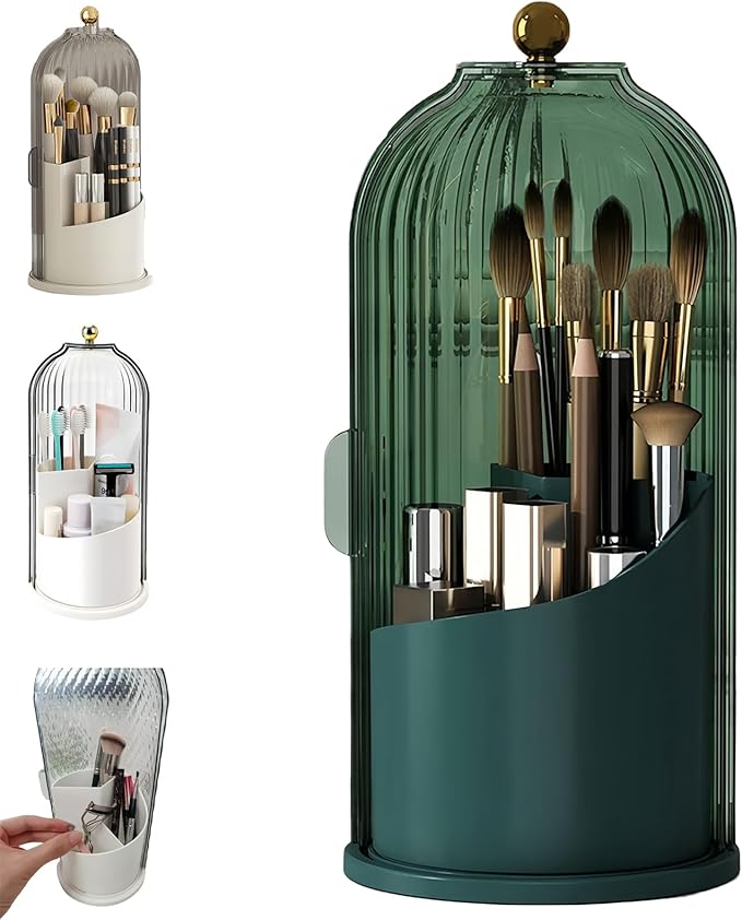 Concealed Toothbrush Holder, Rotating Bathroom Organizer Countertop, Toothbrush Holders with Cover, Bathroom Counter Organizer with Covered Makeup Brush Holder (1pcs Green)