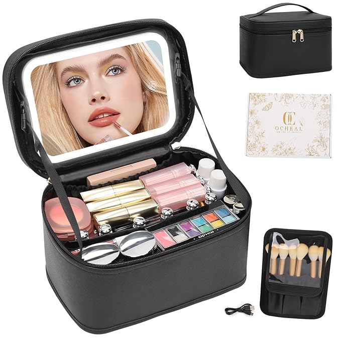OCHEAL Makeup Bag With LED Mirror, Travel Makeup Bag With 3 Color Setting Light Up Mirror Cosmetic Organizer Vanity Case for Women Beauty Tools Accessories Rechargeable Makeup Travel Bag-Black