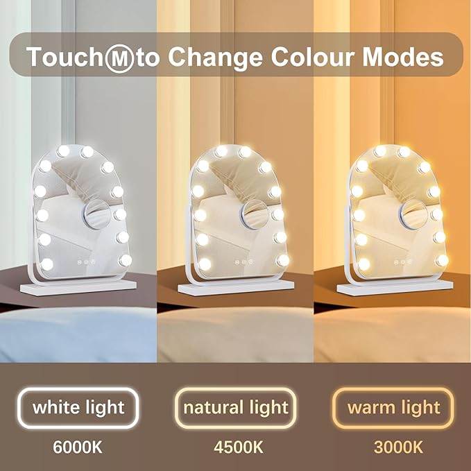 Makeup Mirror with Lights-3 Modes,Smart Touch Control,Detachable 10X Magnification,15.7"×11.8" Hollywood Vanity,360° Rotation （White）