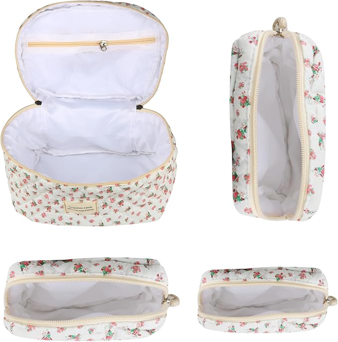 VIWIME Makeup Cosmetic Bag, Large Cotton Quilted Travel Coquette Aesthetic Cute Floral Make up Bag for Women Toiletry Bag Organizer (202- Red Rose / 4Pcs)