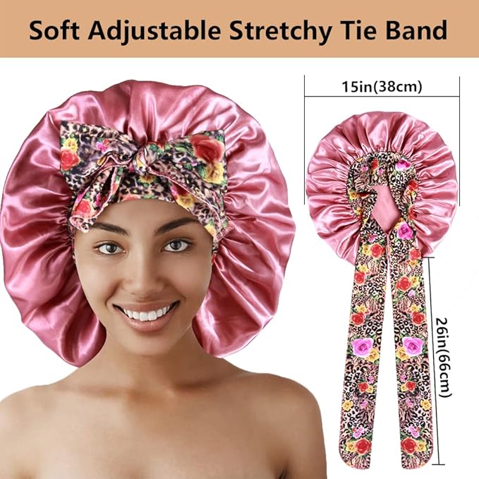 2pcs Large Silky Bonnets with tie Band Braid Bonnet, Satin Bonnet for Sleeping Curly Hair, H