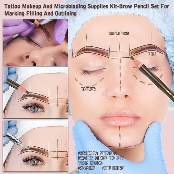 Waterproof Eyebrows Pencil Tattoo Makeup And Microblading Supplies Kit-Permanent Eye Brow Liners In 5 Colors Waterproof Eyebrow Pencils Peel - Brow Pencil Set For Marking (6 Black)