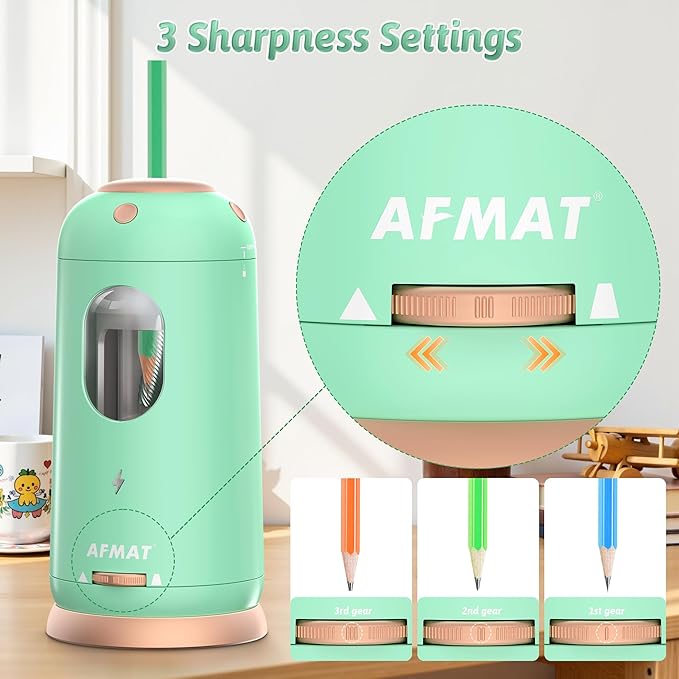 AFMAT Electric Pencil Sharpener, Auto in & Out, Fully Automatic Pencil Sharpener, Rechargeable Hands-Free Sharpeners for Jumbo & Colored Pencils (7-11.5mm), Good for Classroom/Home PSC8(Light Green)