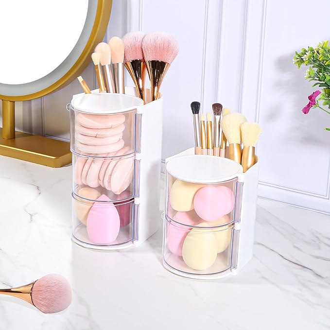 DASITON 3-Layer Makeup Brush Holder with Hair Accessories Organizer, Rotatable Desktop Organizer Case for Hair Clip, Makeup Sponge, Jewelry and Hair Accessories, Hair Brush Holder for Vanity (White)