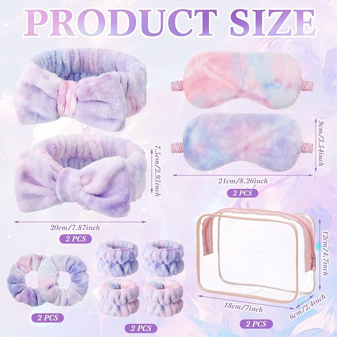 Hoteam 10 Pcs Galentine Spa Party Supplies Valentine Gift Set Sleepover Party Favor Spa Headband Wristband Sleep Eye Mask Velvet Scrunchies for Skin Care Makeup Slumber Night Favor(Tie Dye)