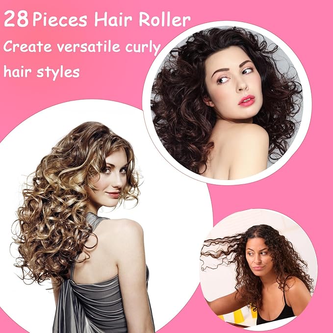 ZMD 28PCS Plastic Hair Rollers Set, 0.6In/1.5cm Small Size Snap on Rollers Self Grip Hair Curlers Heatless Rollers with Comb Hairdressing Curlers Tools for Women/Men Short Thin Fine Hair (Pink)