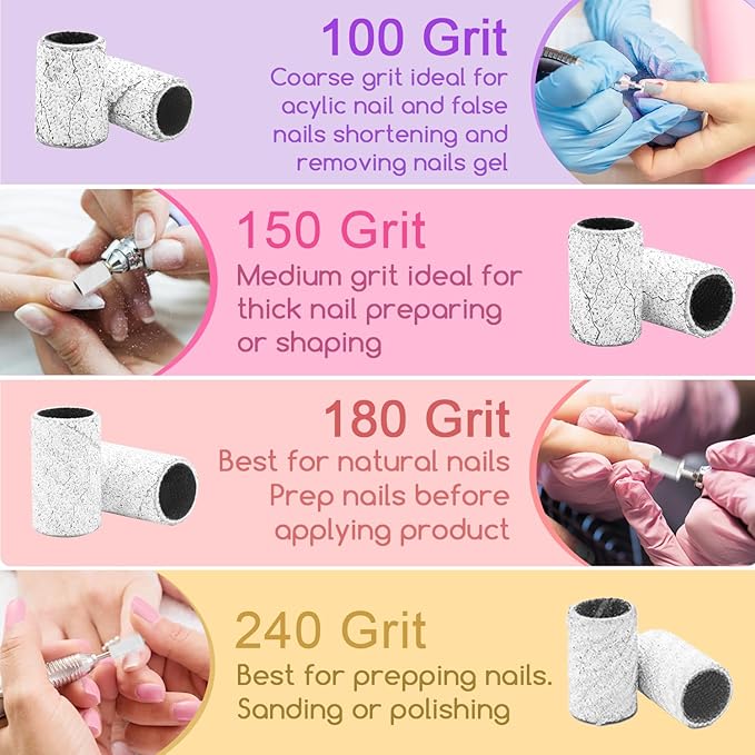 150 Grit Sanding Bands for Nail Drill, 100Pcs Medium Grit Sanding Band for Nail Drill with 3/32” Sanding Bit for Acrylic Nail, Gel Nail Removing, Professional Nail Sanding Band for Manicure & Pedicure