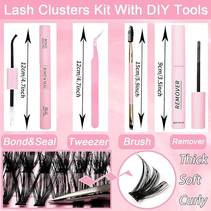 Lash Clusters Kit, 640 Pcs Eyelashes Cluster Extensions Kit 9-16mm Flufffy Individual Lashes 30D-60D D Curl False Eyelashes with Thin Band Match Tools for DIY (30D+40D Kit 9-16mm)