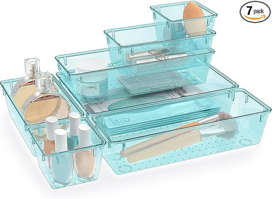 7 PCS Clear Plastic Drawer Organizers Set, 4 Size Desk Drawer Organizer Trays for Makeup, Jewelry, Kitchen Utensils, Gadgets and Office Accessories, Sea Blue
