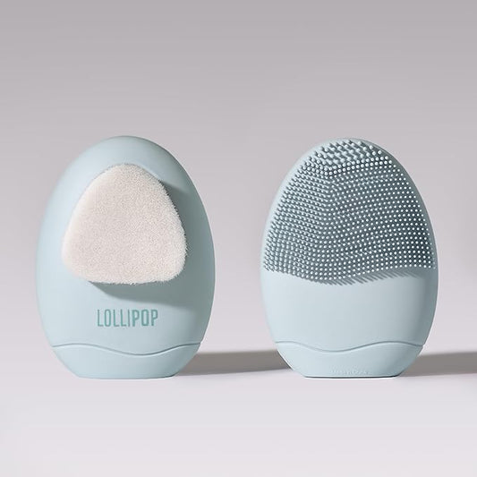 LOLLIPOP Dual-Sided Facial Cleansing Brush | Palm Size Silicone Face Exfoliator and Soft Fiber Cleanser | Manual Face Scrubber for Pores, Makeup Removal, Blackhead and Skincare Routine, Oceanic