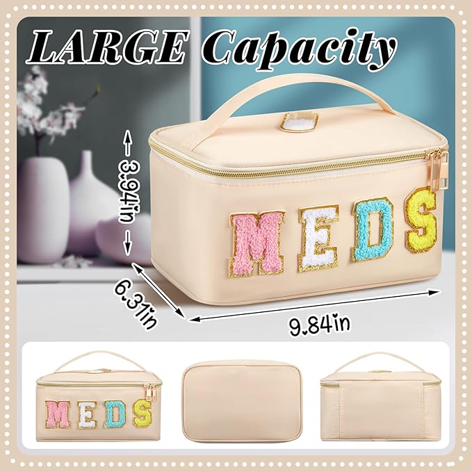 Geetery Clear Makeup Bag Chenille Letter Meds Bag Travel Cases Preppy Patch with Zipper, Portable Cosmetic Toiletry Storage case for Women(Meds,Beige)