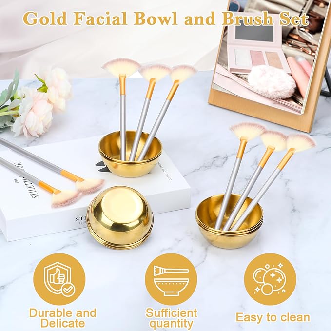 16 Pcs Gold Facial Bowl and Brush Set 8 Facial Fan Brushes Esthetician 8 Gold Facial Mixing Bowls Esthetician Stainless Steel Mixing Bowls Face Mask Brush for Mud Cream Makeup Spa Salon Women