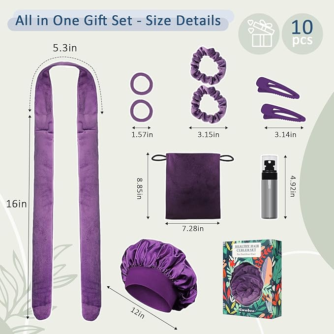 Hair Curlers to Sleep In, No Heat Curling Headband, Soft Overnight Curls Headband with Satin Bonnet, Non Heat Hair Curler Rollers Wrap Set for Women Girl Long Hair, 10 PCS with Gift Box -Purple