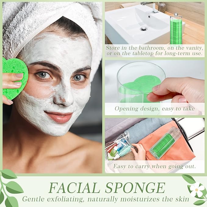 Sieral 120 Pcs Compressed Facial Sponges with Container Disposable Face Sponge Pads for Washing Face Cleansing Exfoliating Esthetician Makeup Removal(Heart,Green)