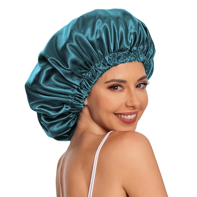 Satin Bonnet Silk Bonnet Hair Bonnet for Sleeping-Slouchy Beanie Hat Satin Sleep Cap for Women's Natural & Curly Hair(Blue Zircon&Blackish Green)