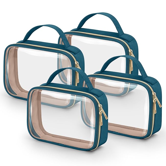 Wedama TSA Approved Toiletry Bag, 4 Pack Clear Makeup Bags with Handles, Quart Size Clear Toiletry Bags, PVC Cosmetic Bags for Women and Men, Carry on Airport Airline Compliant Bag, Til Blue