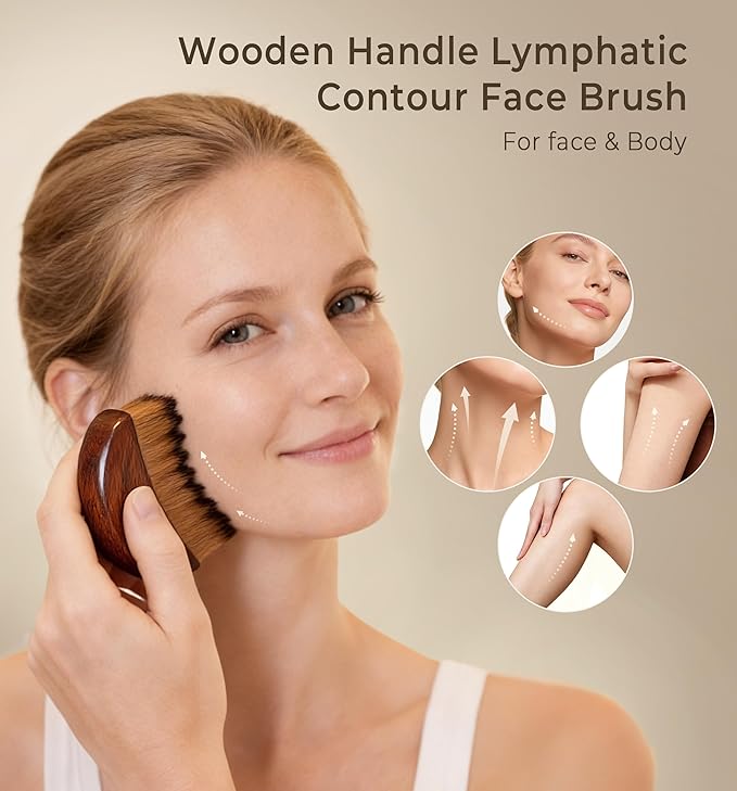 Lymphatic Contour Face Brush 2 Pack - Wooden Handle Facial Sculpting Guasha Dry Brushing Massage Tool - Contour Glow Brush Lymph Drainage Depuff Lift Brushes for Face Neck Chin