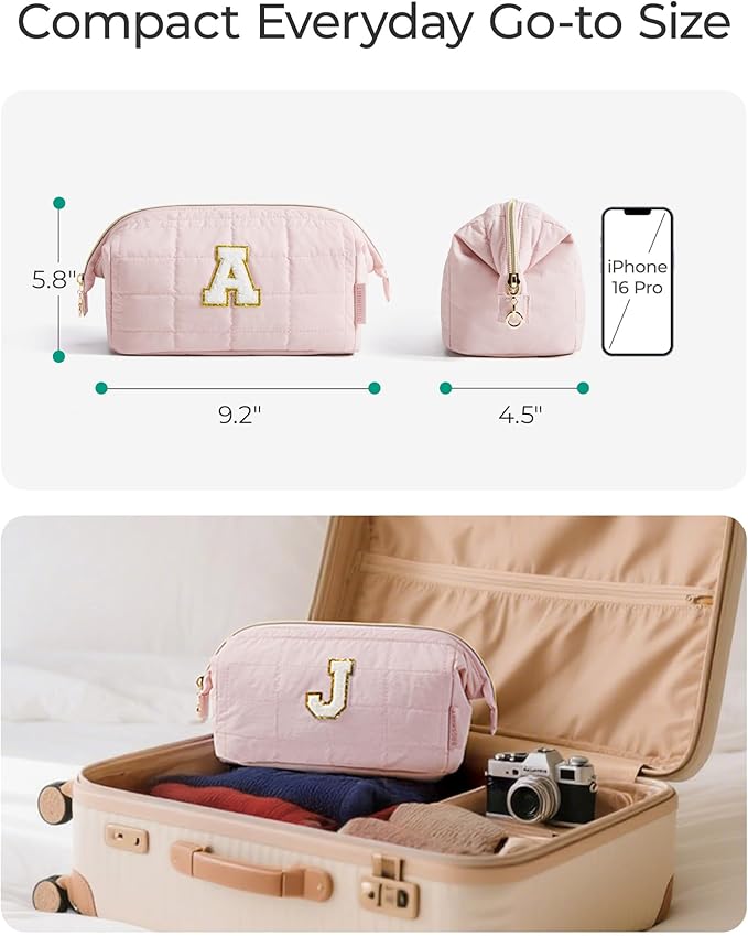 BAGSMART Birthday Gifts Personalized Initial Makeup Bag, Trendy Stuff Gifts for Women Bridesmaid Graduation, Puffy Padded Make Up Bags for Women, Wide-open Toiletry Bag, Pink S