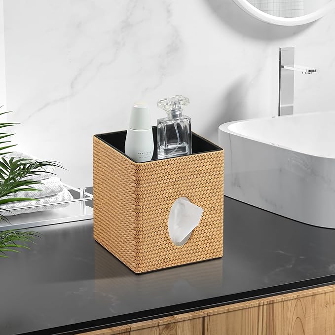 Tissue Box Cover, PU Leather Square Tissue Box Holder with Storage Tray for Bathroom Vanity Countertop Night Stands Bedroom Office Desk, Stylish Tissue Holder Decorative Organizer (Yellow Rattan)