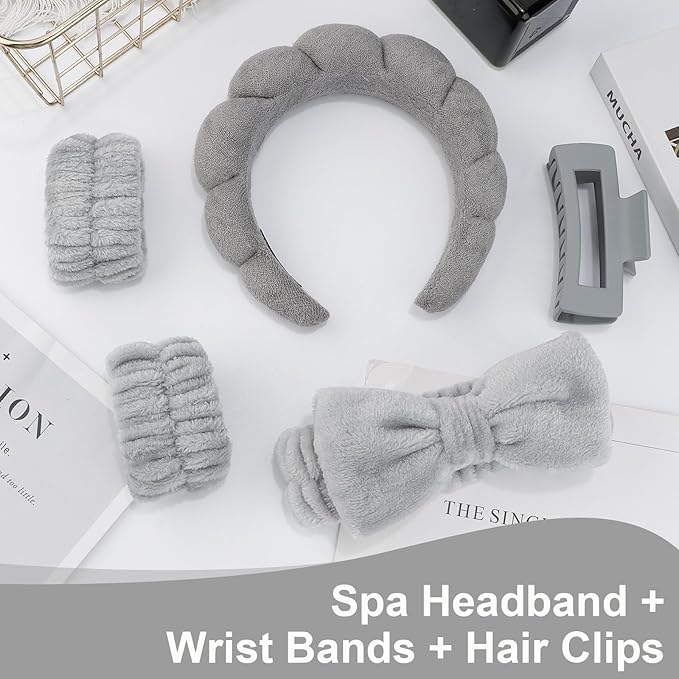 Canitor Sponge Spa Headbands Wristband Set with Hair Clips Skincare Headbands for Washing Face Non Slip Puffy Terry Cloth Makeup Headband Face Wash Wrist Bands Cute Trendy Stuff (gray)
