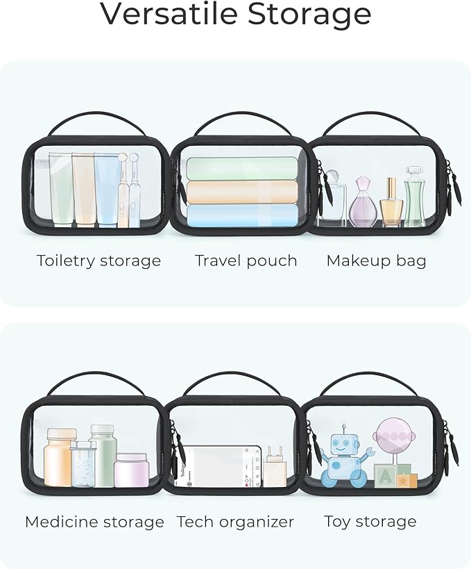 BAGSMART Double Layer Clear Makeup Bag, TSA-Approved Toiletry Bag, Large Opening with Handle, Cute Water-Resistant Travel Cosmetic Bag with Double Zipper for Car Essentials(Black)