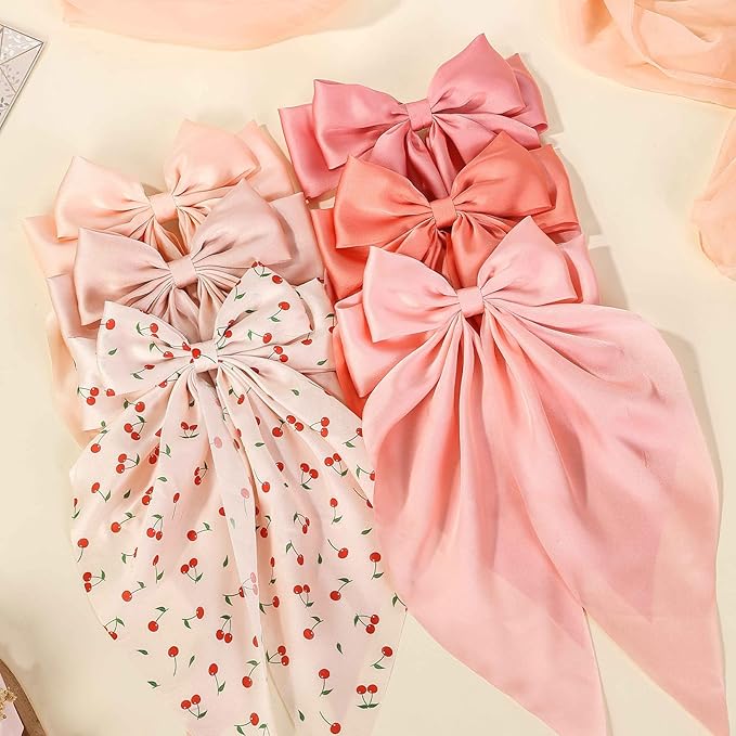 6 PCS Hair Bows for Women, Big Bow Hair Clips for Girls, Silky Satin Hair Bows Clips Oversized Long Tail, Large Cute Aesthetic Hair Accessories, Metal Bow Hair Clips Holiday Gifts Cherry
